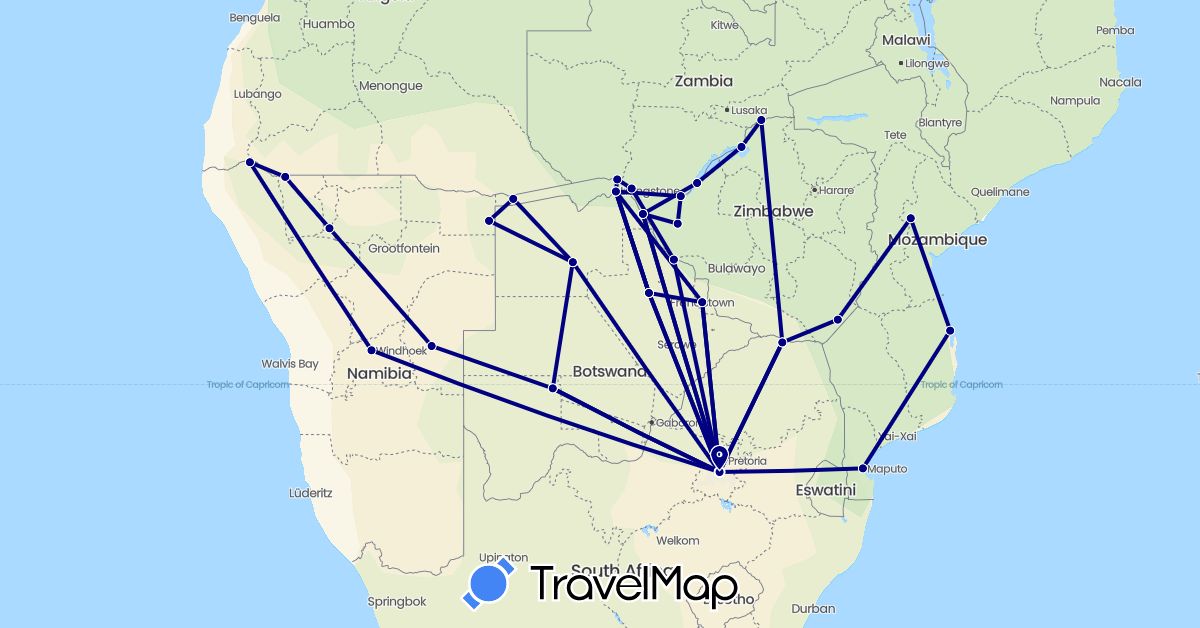 TravelMap itinerary: driving in Botswana, Mozambique, Namibia, South Africa, Zambia, Zimbabwe (Africa)